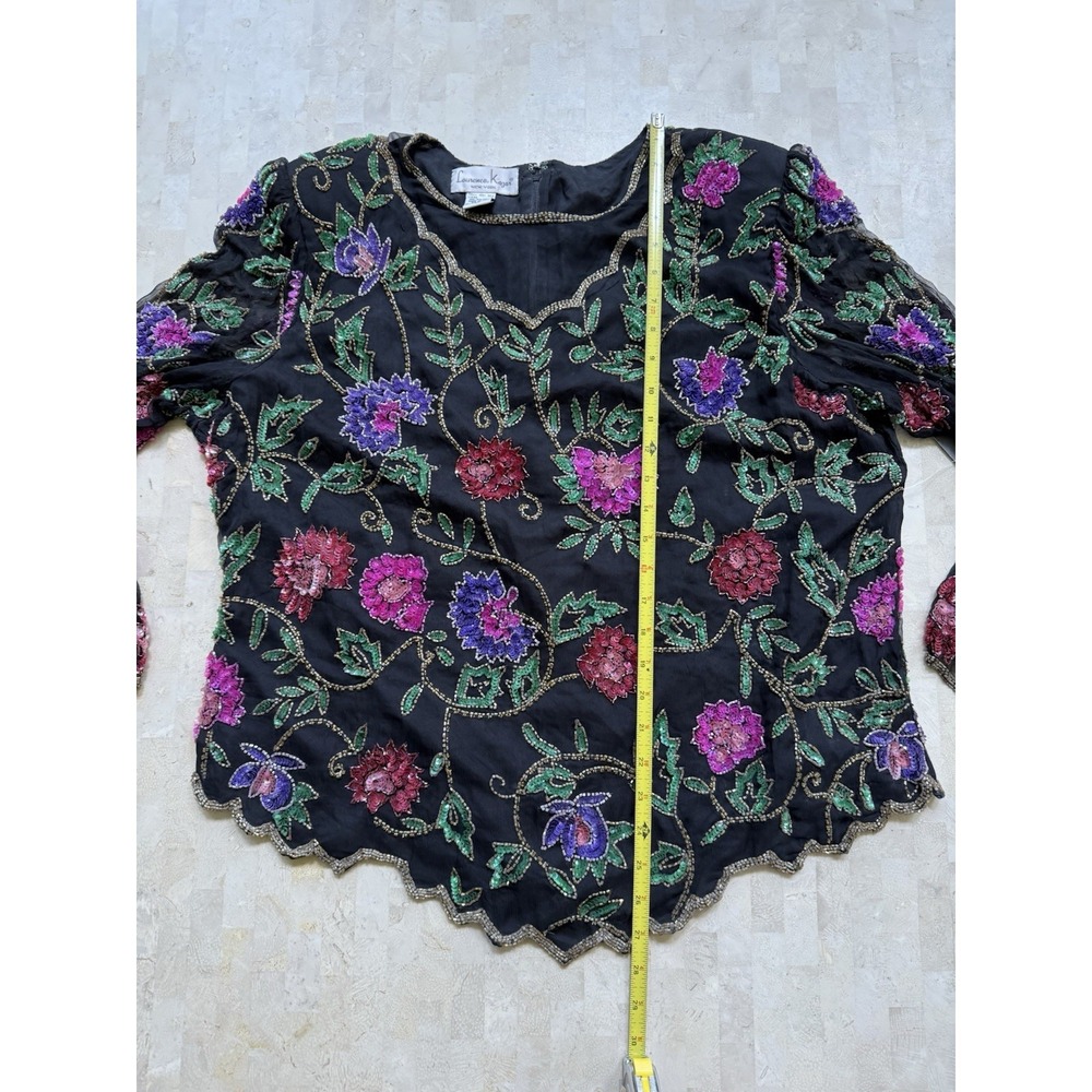 Vtg Laurence Kazar Silk Floral Beaded Short Sleeve Black Top Plus Womens 2X - Picture 5 of 10